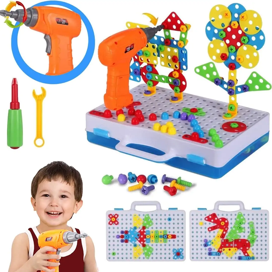 Kids Drill Screw Driver Tool Set Pretend Play Toys Creative Educational Drilling Game Playset Mosaic Design Building Toy Tool Kit for Boys & Girls 3 Years Up Gifts